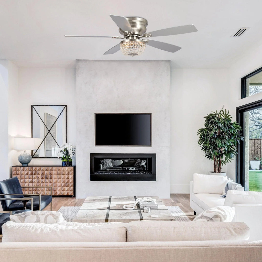 48" Modern Flush Mount Reversible Crytsal Ceiling Fan with Lighting and Remote Control
