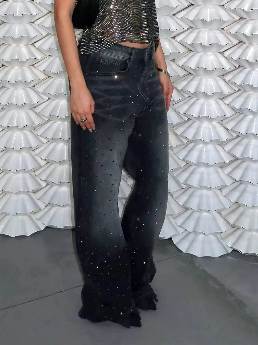 'Diamond Glaze' Shinning Rhinestone Oversized Denim Pants