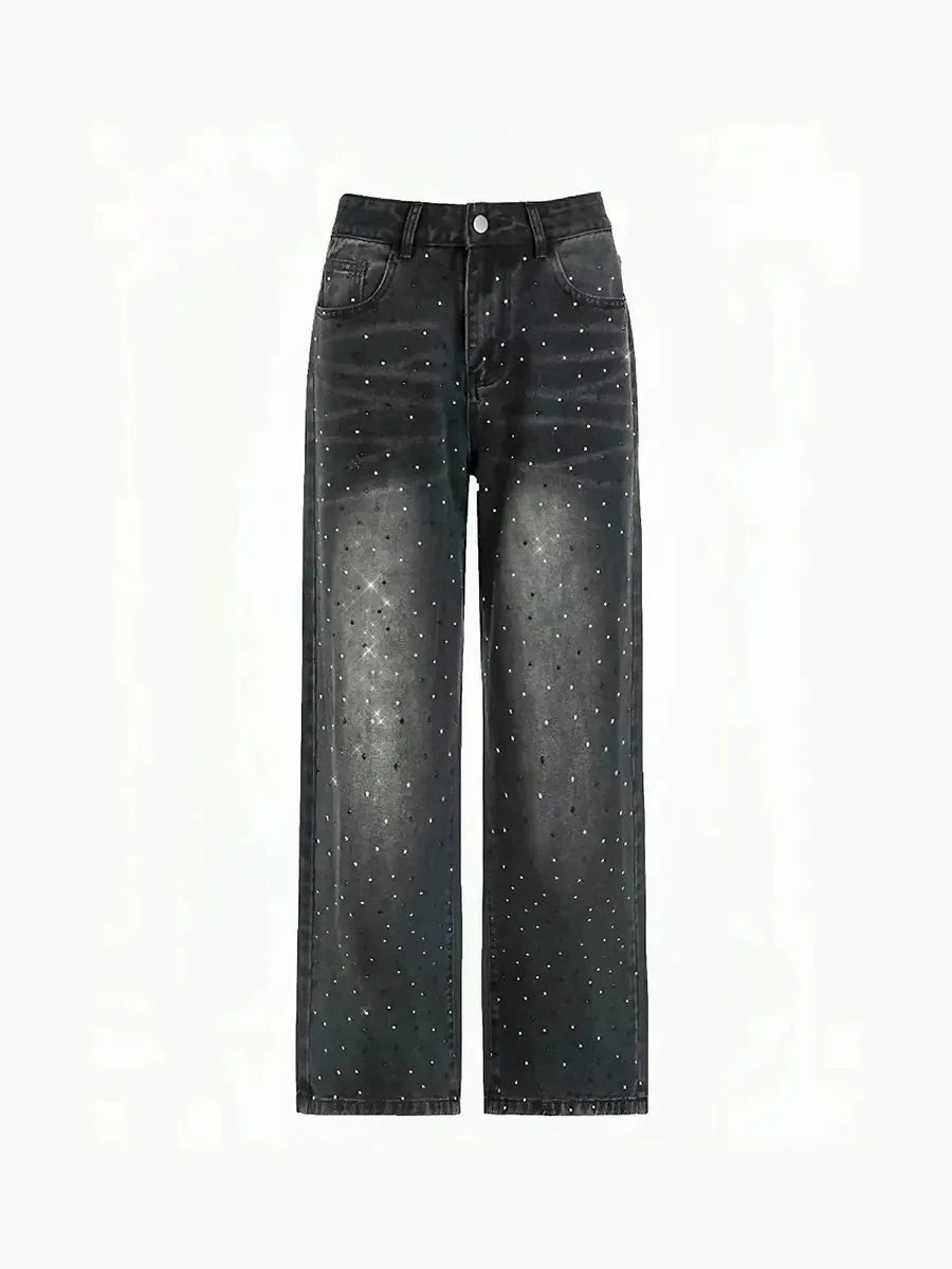 'Diamond Glaze' Shinning Rhinestone Oversized Denim Pants