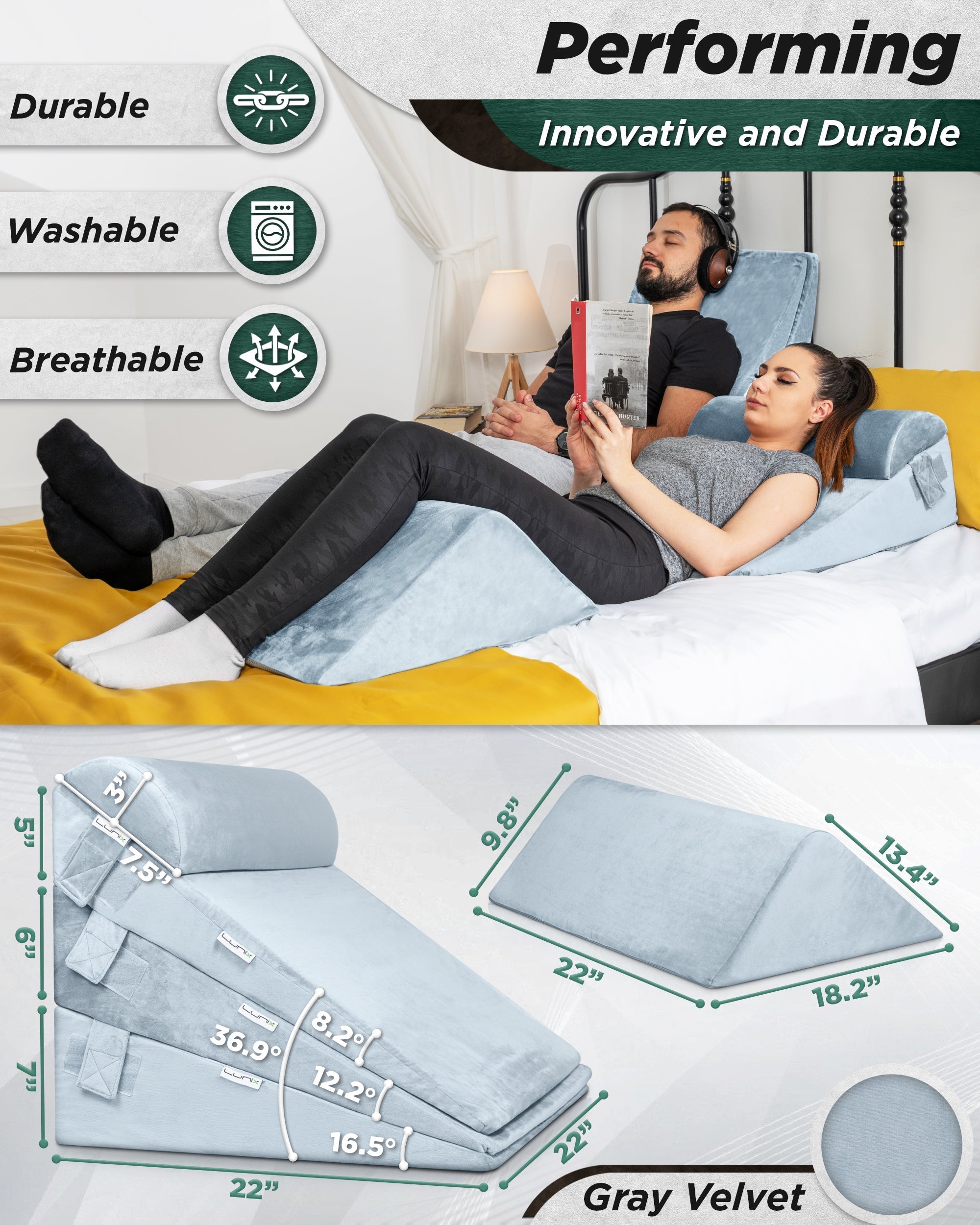 LX11 5pcs Orthopedic Wedge Pillow Set, Cloud Gray
