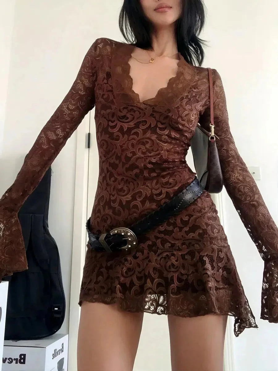 'Cinnamon' Lace Fabric See Through Dress