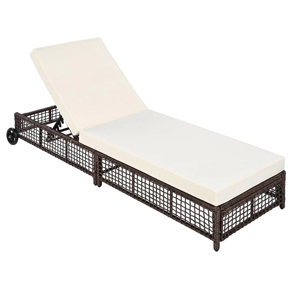 Outdoor Lounge Chair, Patio Chaise Lounge with 5-Position Backrest, Rattan Outdoor Lounge Chair with Cushion and Wheels for Poolside, Backyard, Garden