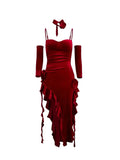 'Red Rose' Holiday Red Hollow Out Lace Velvet Dress