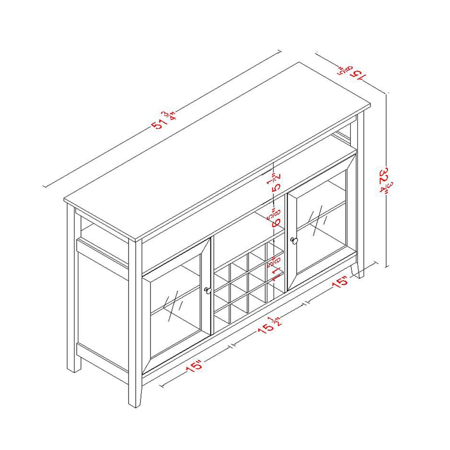 51" Wide Wood Cupboard Buffet Storage Cabinet with Wine Rack for 12-Bottles