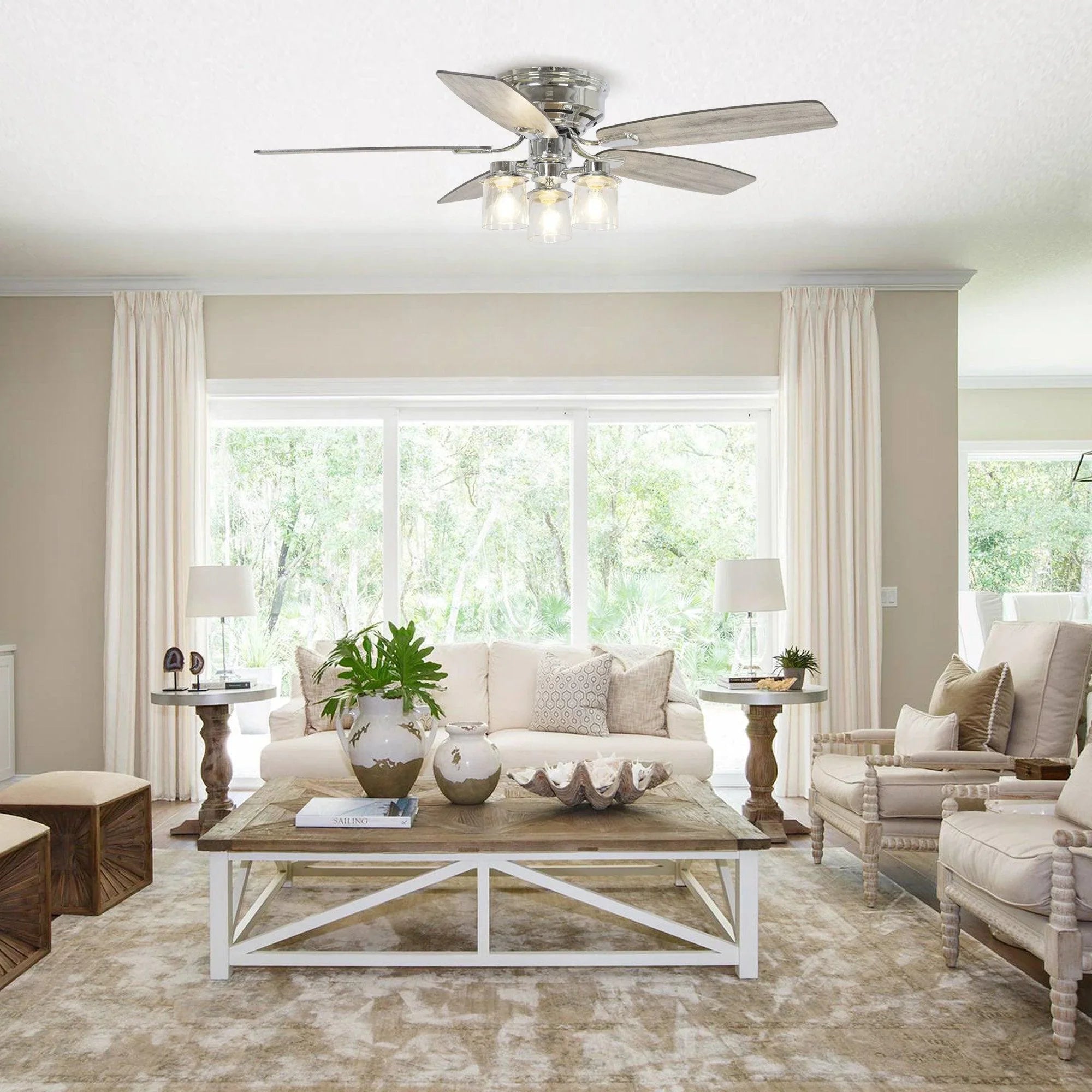 52" Bangatore Traditional Chrome Flush Mount Reversible Ceiling Fan with Lighting and Remote Control