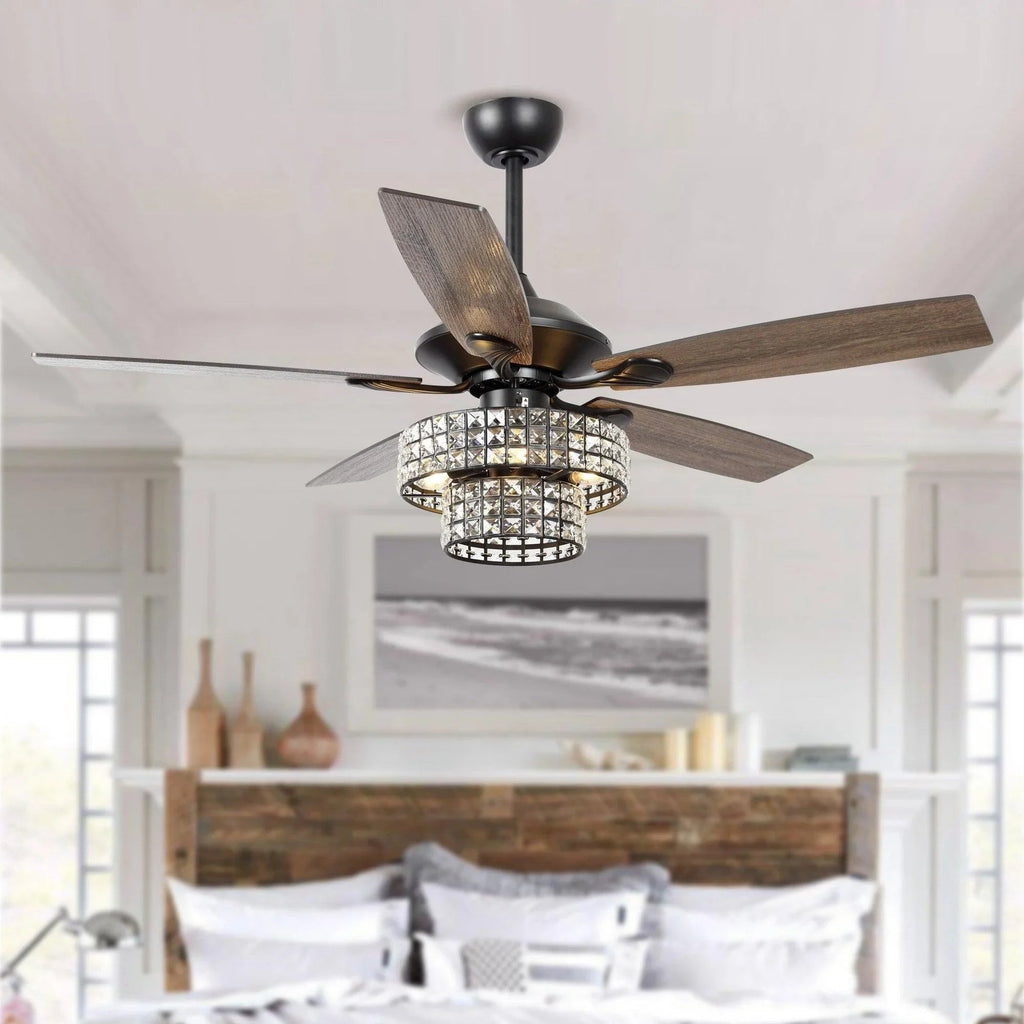 52" Nowthen Modern Crystal Chandelier Ceiling Fan with Led Light and Remote Control 5 Blades Chrome