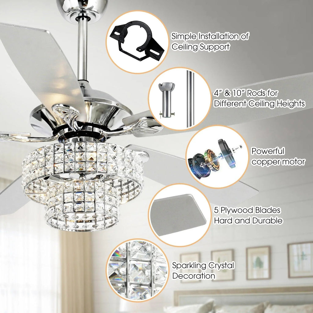 52" Nowthen Modern Crystal Chandelier Ceiling Fan with Led Light and Remote Control 5 Blades Chrome
