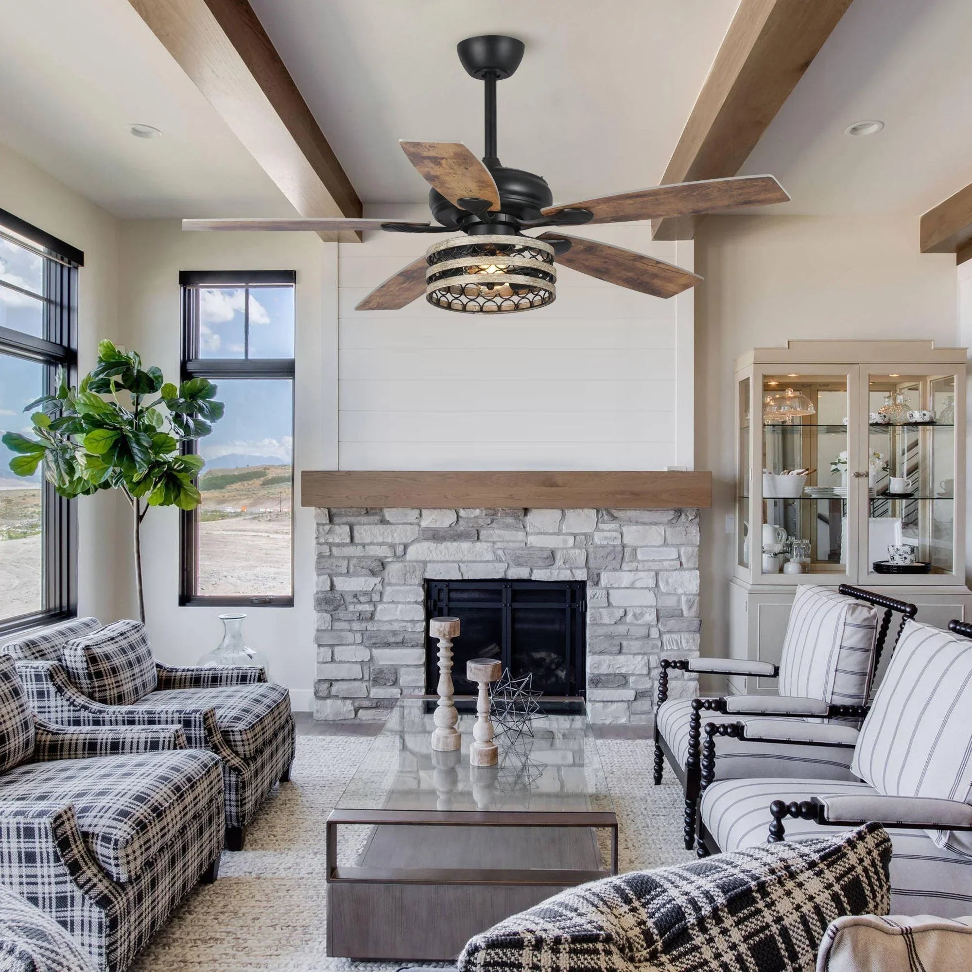 52" Matte Black Led Indoor Cage Ceiling Fan 5 Blade