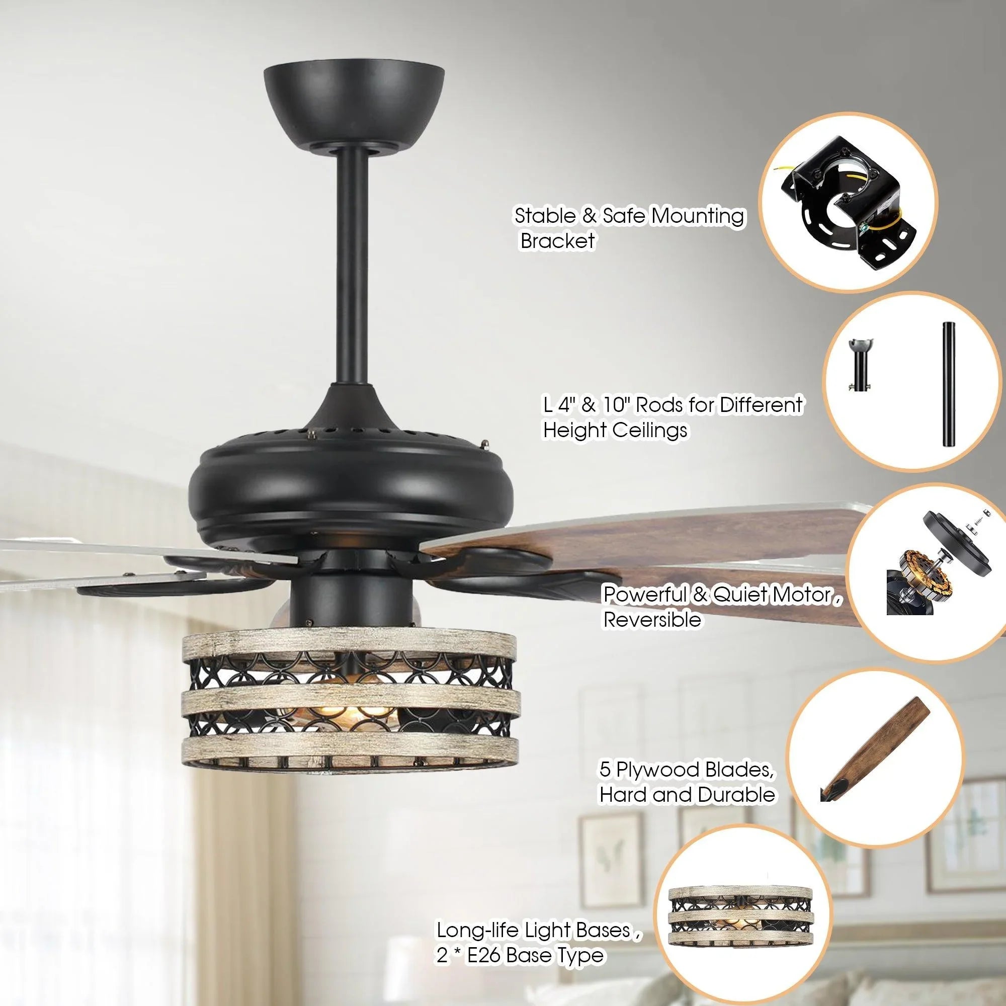52" Matte Black Led Indoor Cage Ceiling Fan 5 Blade