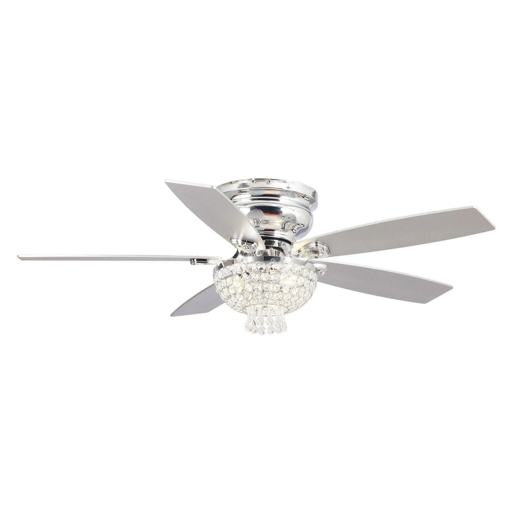 52" Modern Chrome Flush Mount Reversible Crystal Ceiling Fan with Lighting and Remote Control