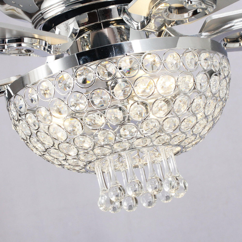 52" Modern Chrome Flush Mount Reversible Crystal Ceiling Fan with Lighting and Remote Control