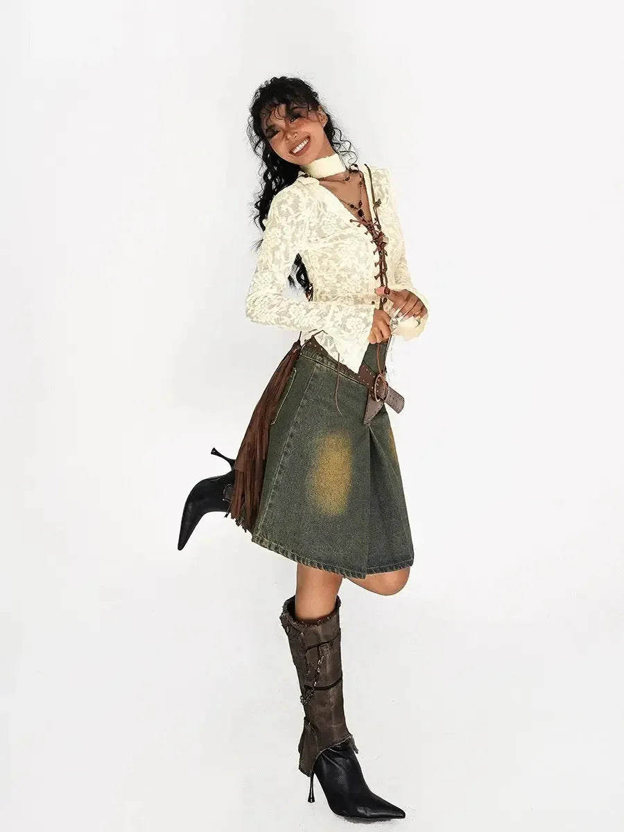 'Desert Trip' Wasteland Punk Denim Distressed Mid Thigh Skirt