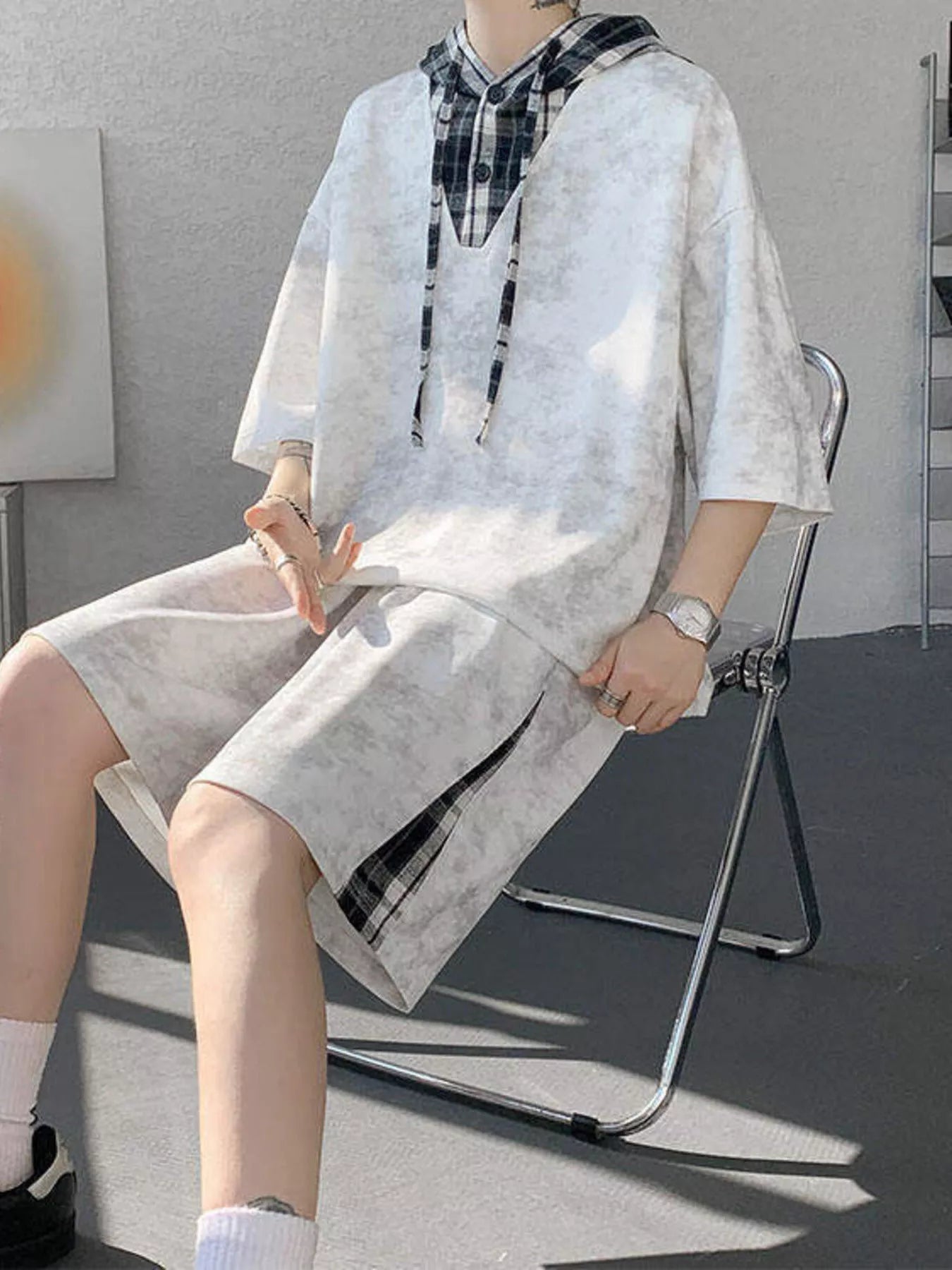 Men's Plus Size Tie-Dye Plaid Patchwork Hoodie and Shorts Set featuring a comfortable design in a relaxed fit.
