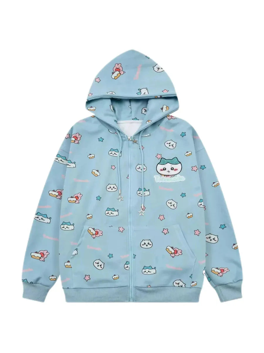 Hachii Kawaii Streetstyle Cute Hoodie Jacket in blue with anime Chiikawa print