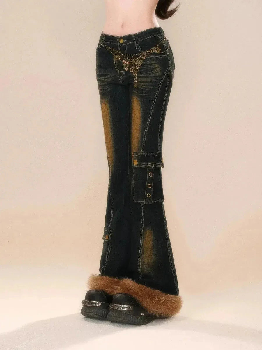 'Teddy' Retro Distressed Fluffy Denim Bell Bottom Pants
