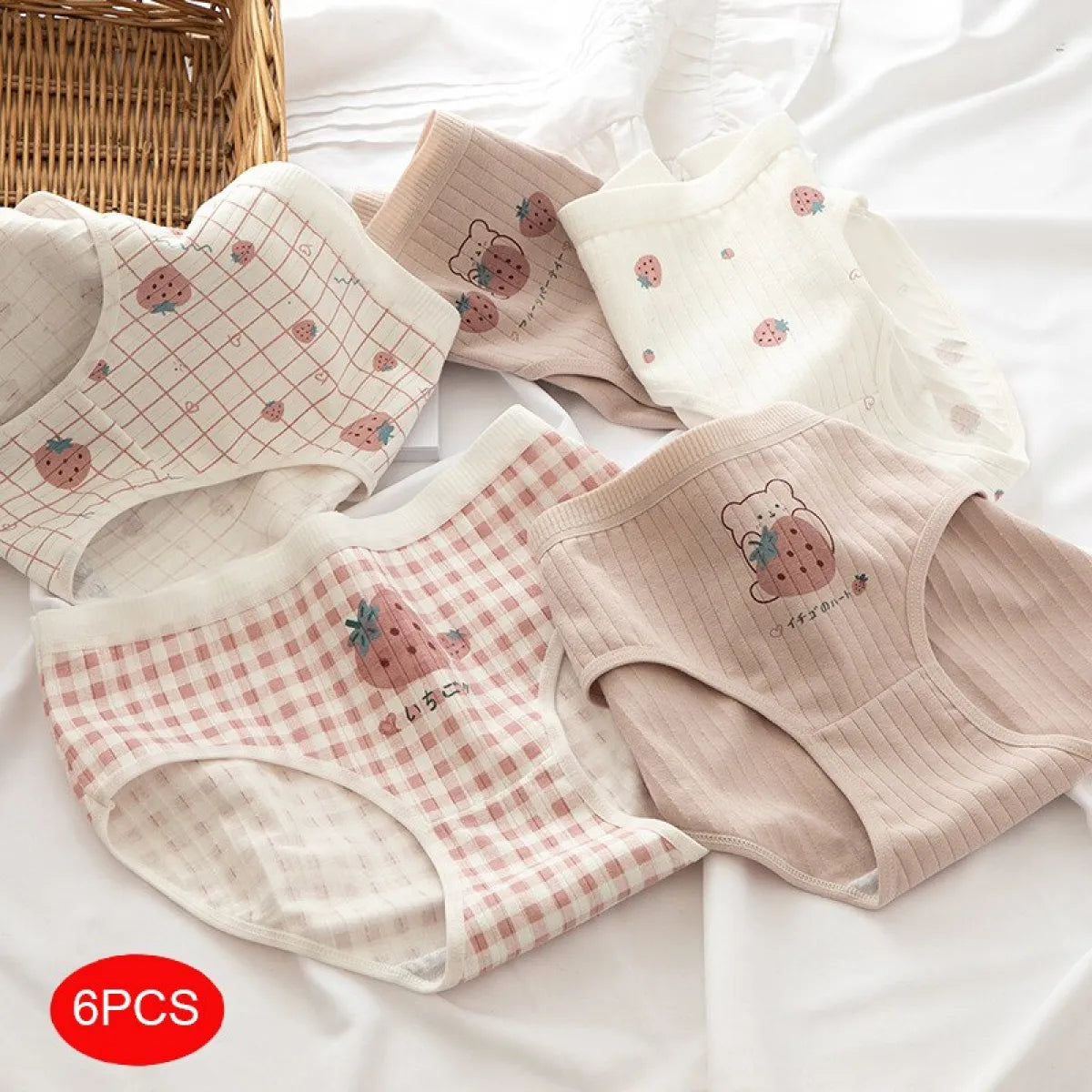 6-Pack Kawaii Strawberry Cotton Panties