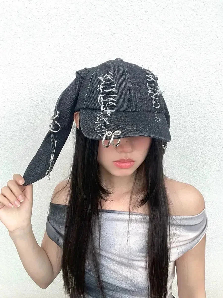 'Doberman' Y2k Bunny Ears Rivet Ripped Cap
