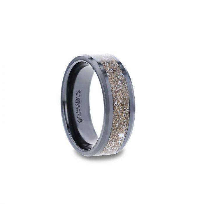 ALLOSAURUS Black Ceramic Flat Beveled Wedding Ring with White Dinosaur Bone Inlay - 8mm