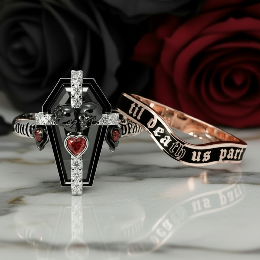 Only Death Can Separate Us Coffin Cut Diamond Option Wedding Rings