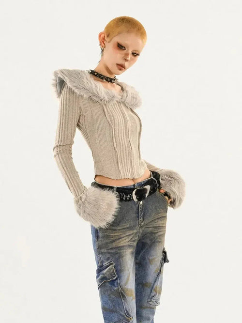'Iced Frappe' Grey Snow Core Fur Collar Knitted Shirts
