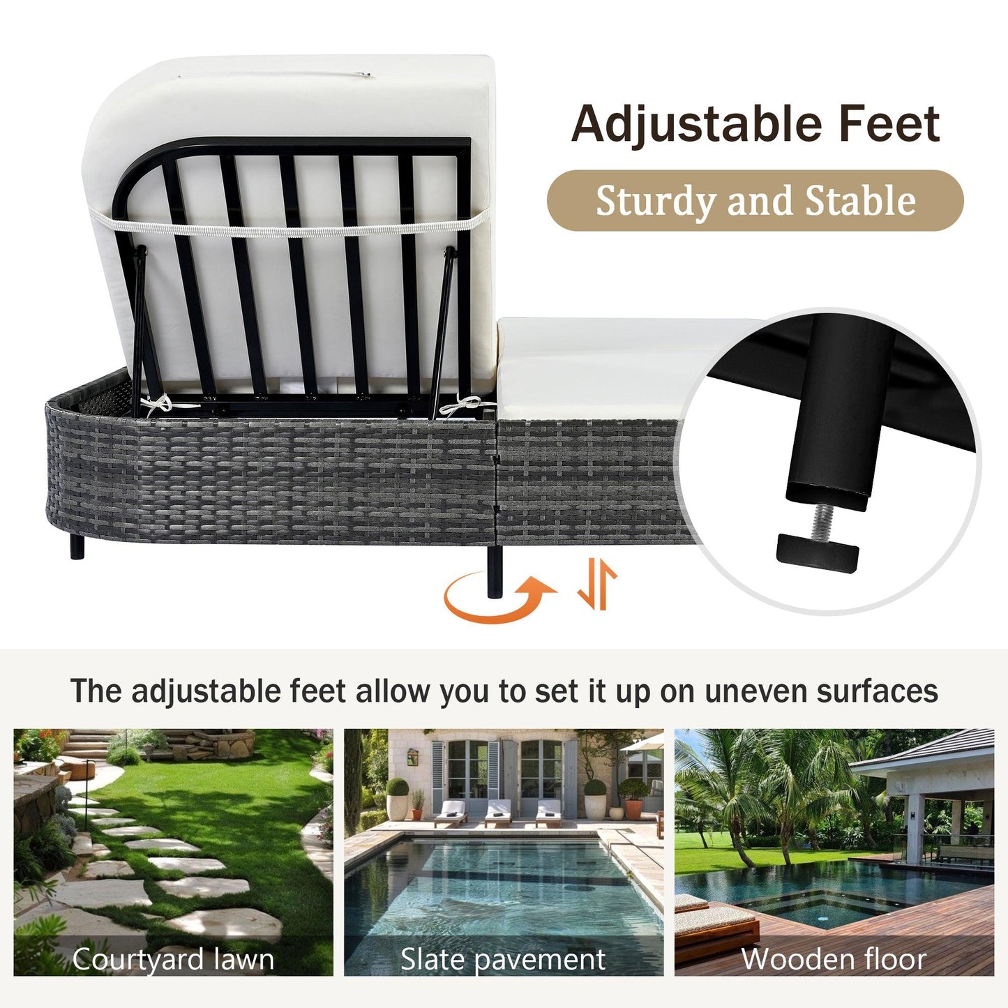 Outdoor Daybed, Patio Rattan Daybed with 5-Position Adjustable Backrest and Removable Cushions & Pillows for Garden, Backyard, Poolside