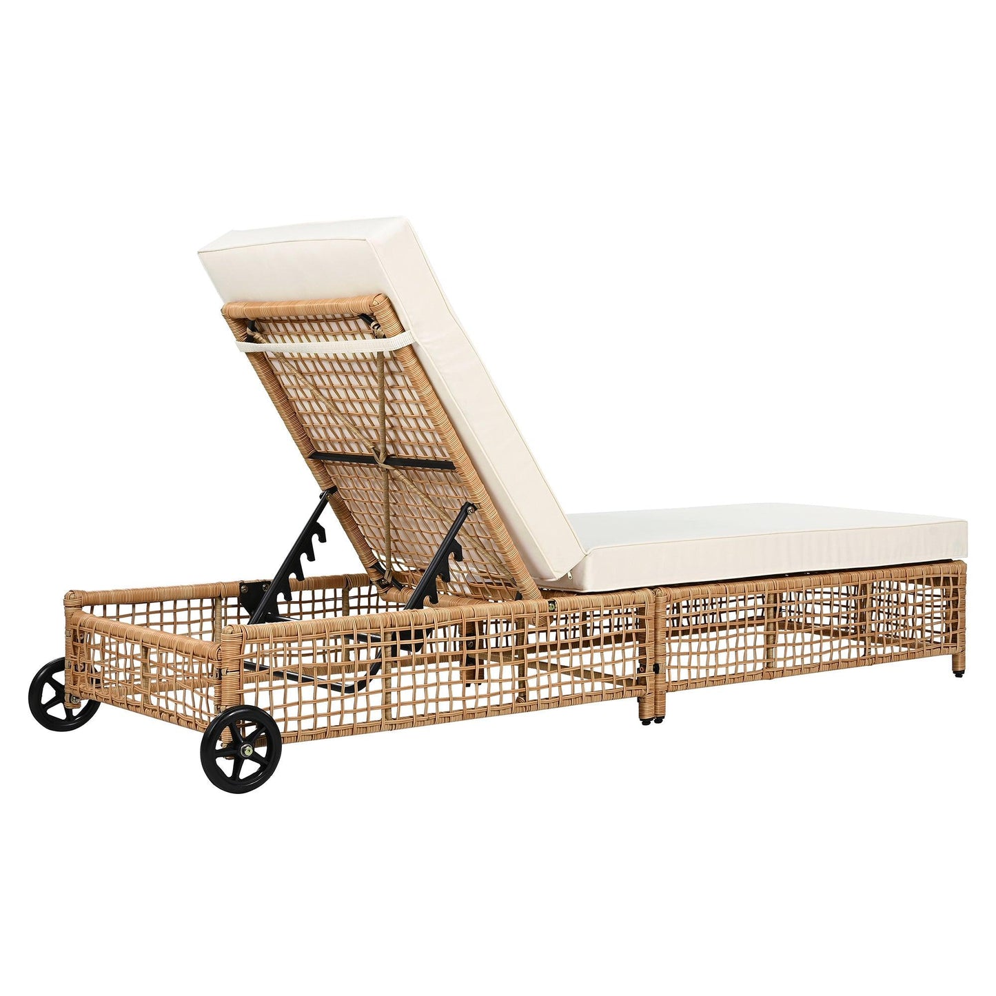 Outdoor Lounge Chair, Patio Chaise Lounge with 5-Position Backrest, Rattan Outdoor Lounge Chair with Cushion and Wheels for Poolside, Backyard, Garden