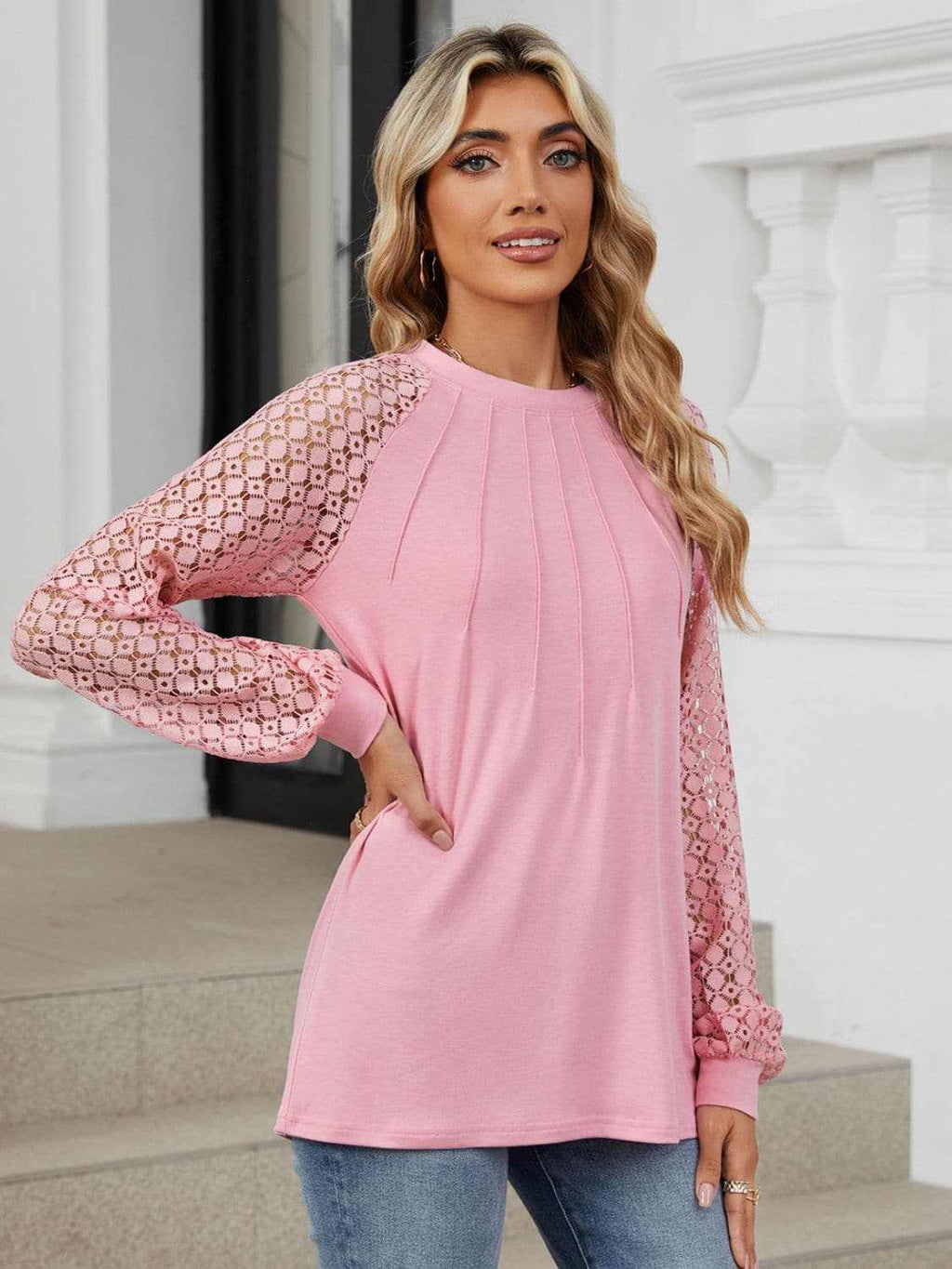 T-Shirts Trendsi Lace long sleeve top in black