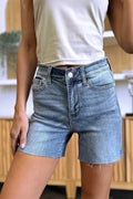 Judy Blue High Waist Raw Hem Denim Shorts Small front view close up