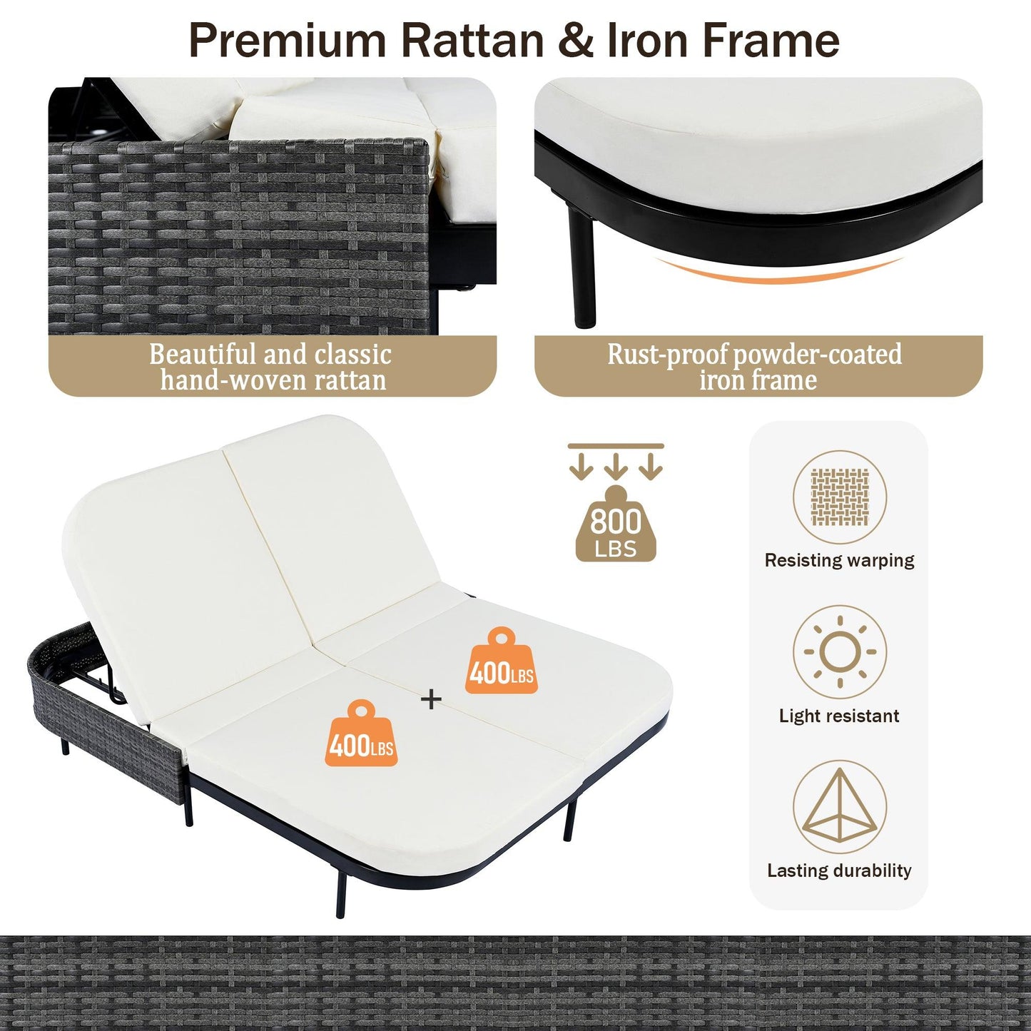Outdoor Daybed, Patio Rattan Daybed with 5-Position Adjustable Backrest and Removable Cushions & Pillows for Garden, Backyard, Poolside