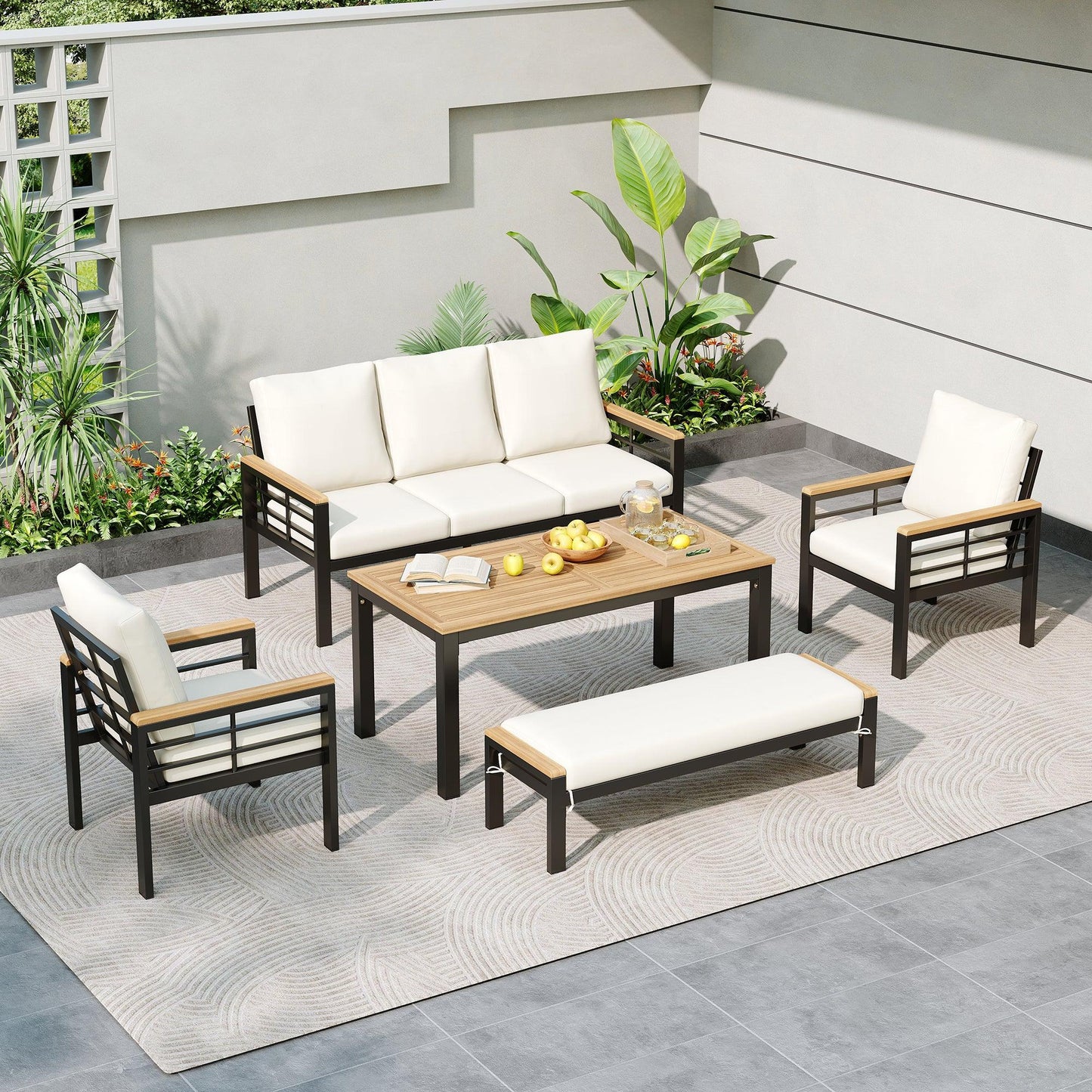 5 Pieces Outdoor Patio Conversation Set with 3-Seat Sofa, Cushions for Backyard, Poolside, Garden