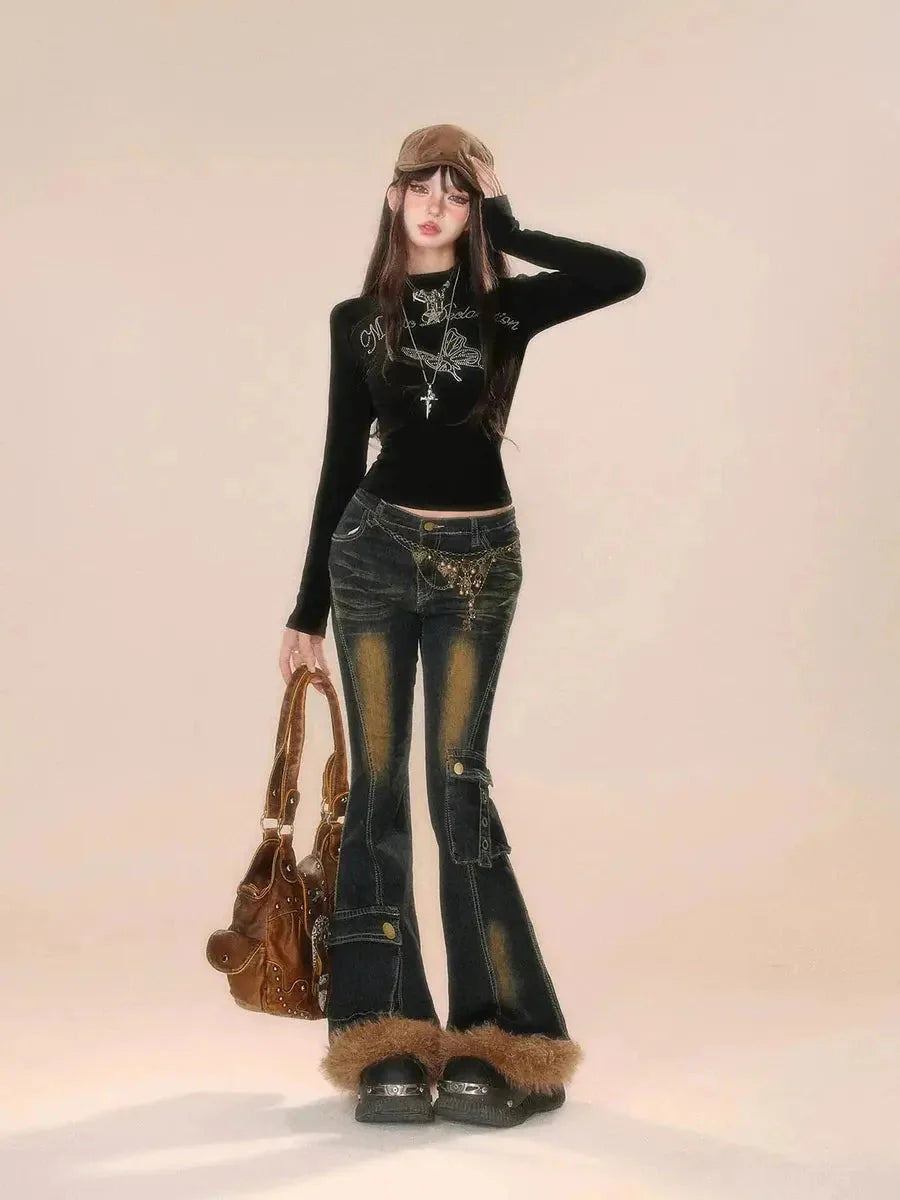 'Teddy' Retro Distressed Fluffy Denim Bell Bottom Pants