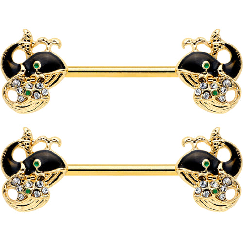 14G 9/16 Clear Gem Gold Tone Mom Baby Whale Nipple Ring Set