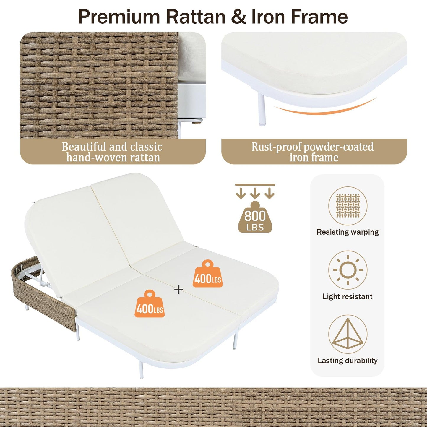 Outdoor Daybed, Patio Rattan Daybed with 5-Position Adjustable Backrest and Removable Cushions & Pillows for Garden, Backyard, Poolside