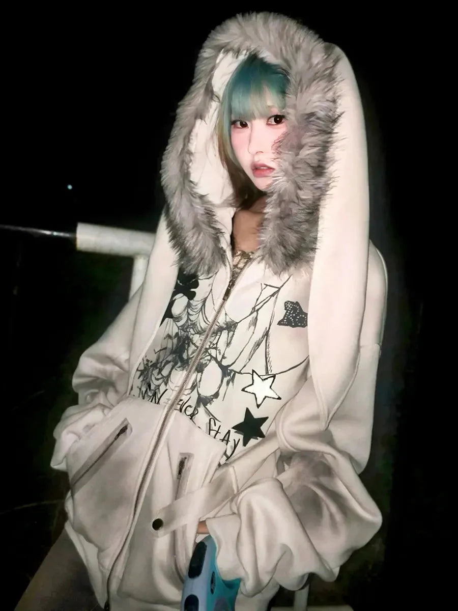 'Basement Rabbit ' Punk Harajuku Fluffy Hood Bunny Ears Hoodie