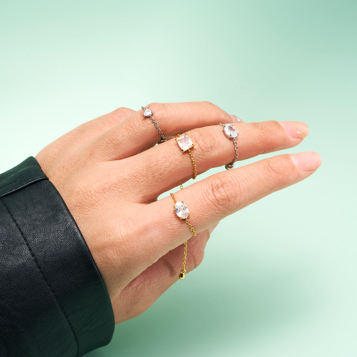 Oval/Rectangle/Heart CZ Adjustable Chain Ring