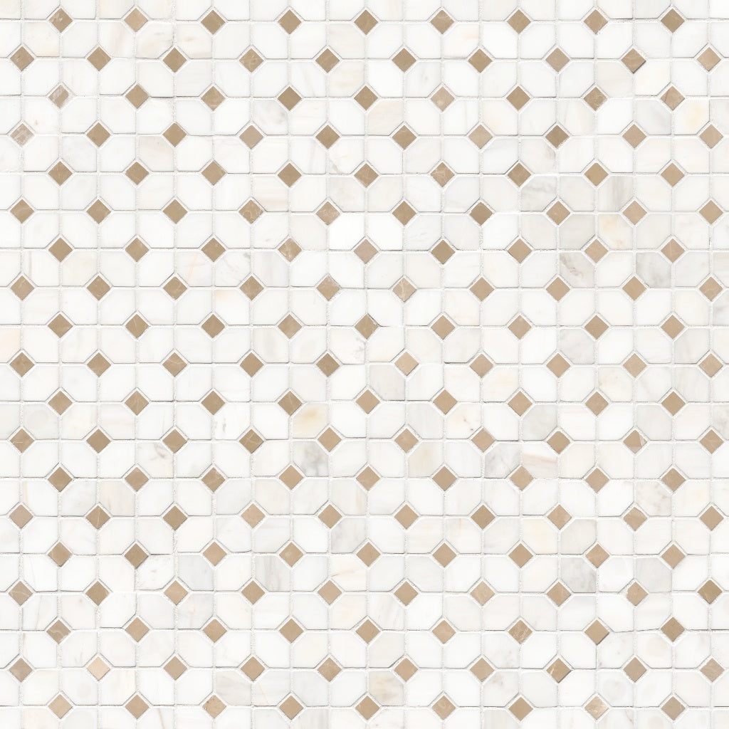 Bianco Dolomite Crema Dotty 12.88" x 12.88" Polished Marble Mesh-Mounted Mosaic Tile Pattern-MSI Collection