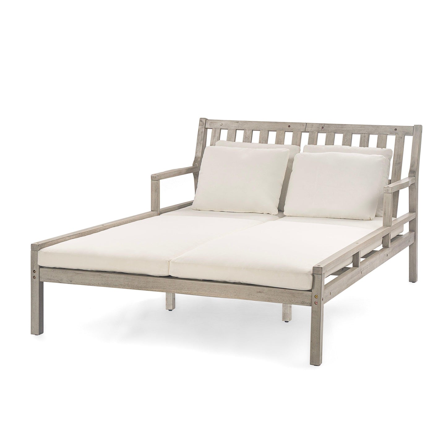 Outdoor Daybed, Patio Daybed with Four Pillows, Wooden Outdoor Bed with Curved Armrests for Poolside, Backyard, Garden