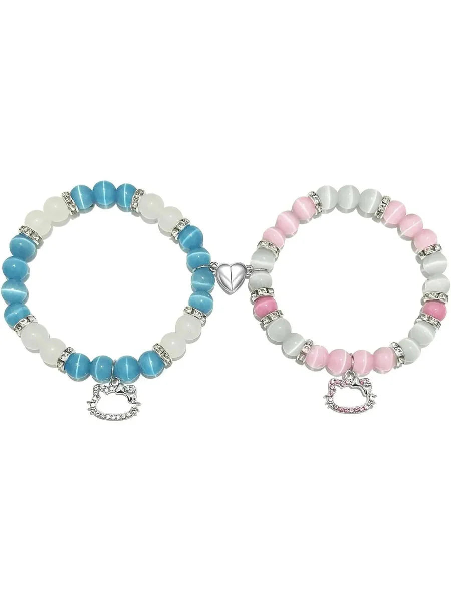 'Love Line' Y2k Kitty Rhinestone Couple Magnetic Bracelet