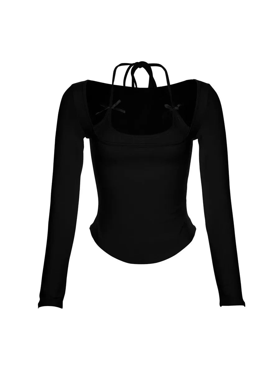 Ballet Dream Coquette Bowtie Halter Long Sleeve Shirt in black Kawaii Y2K top for women