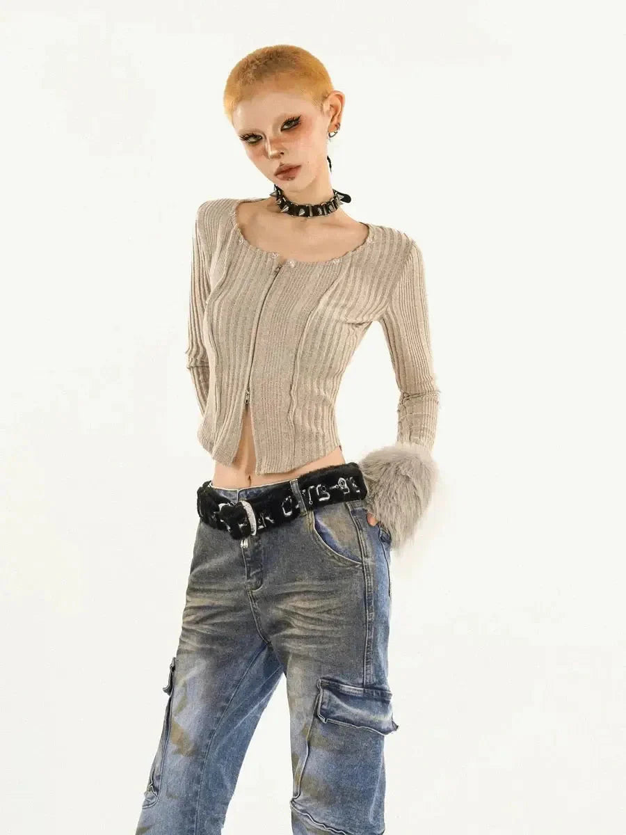 'Iced Frappe' Grey Snow Core Fur Collar Knitted Shirts