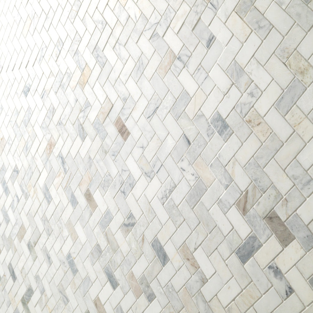 Arabescato Venato White 1"x2" Herringbone Honed Marble Mesh Mounted Mosaic Tile - MSI Collection