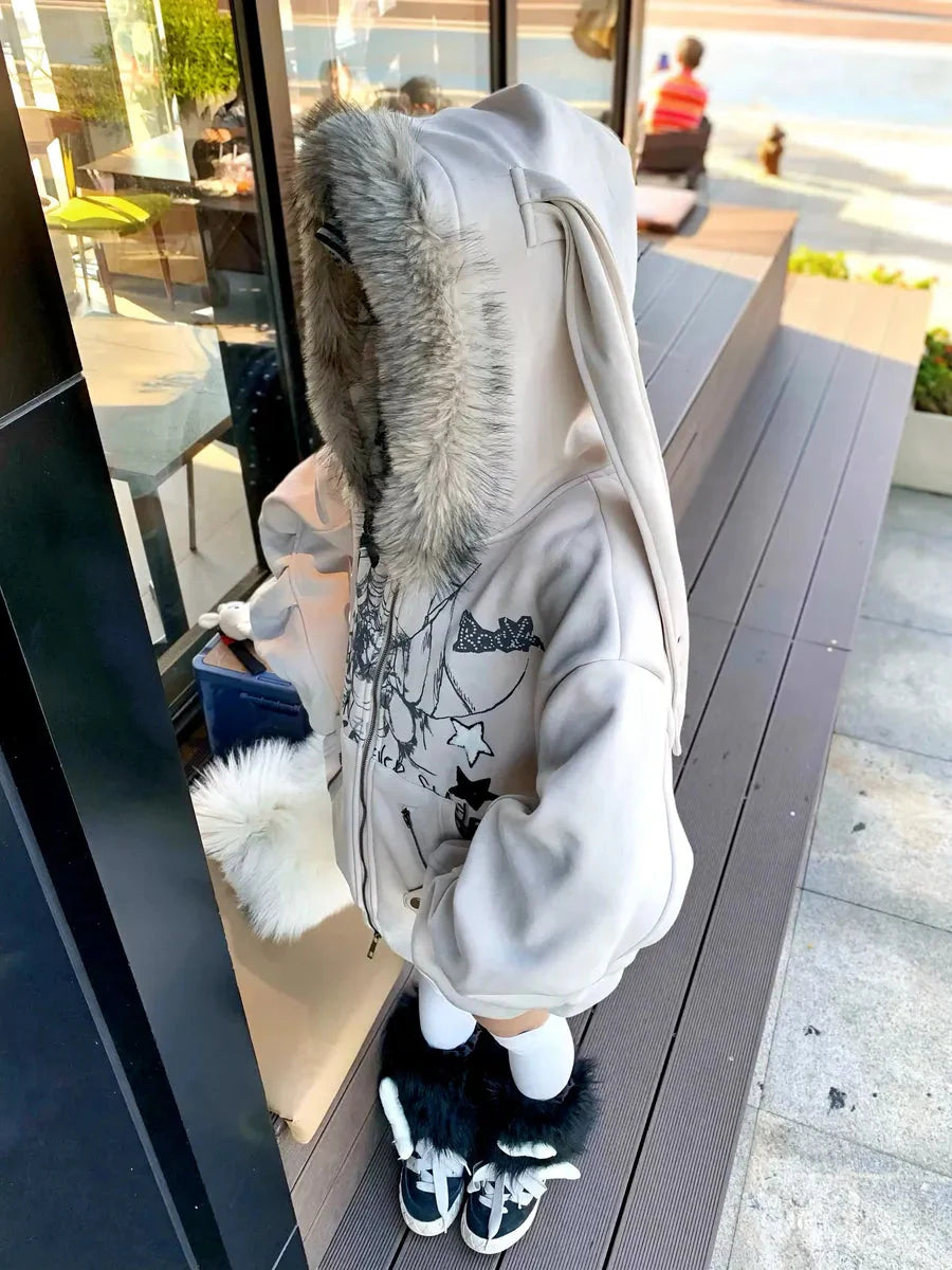 'Basement Rabbit ' Punk Harajuku Fluffy Hood Bunny Ears Hoodie