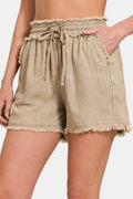 Zenana beige washed linen shorts with drawstring waist and frayed hem – front view