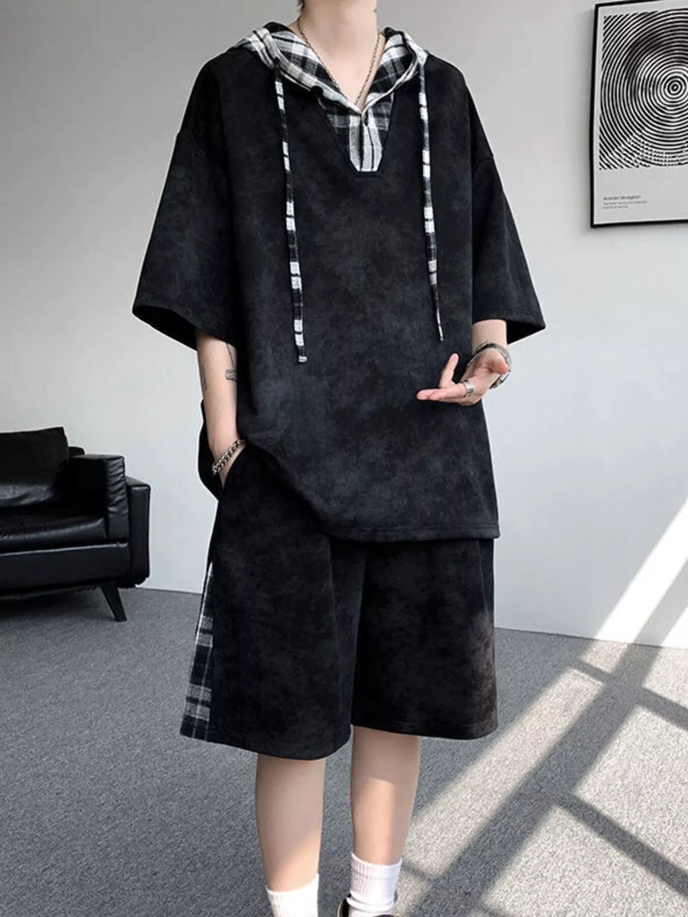 Men's Plus Size Tie-Dye Plaid Patchwork Hoodie and Shorts Set featuring a comfortable design in a stylish black pattern.