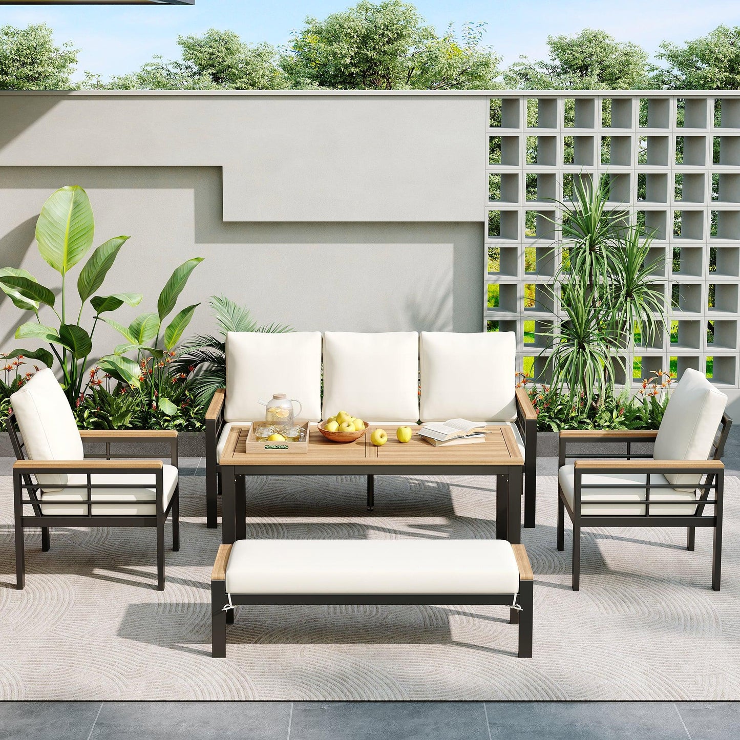 5 Pieces Outdoor Patio Conversation Set with 3-Seat Sofa, Cushions for Backyard, Poolside, Garden