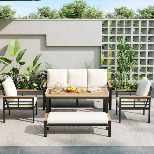 5 Pieces Outdoor Patio Conversation Set with 3-Seat Sofa, Cushions for Backyard, Poolside, Garden