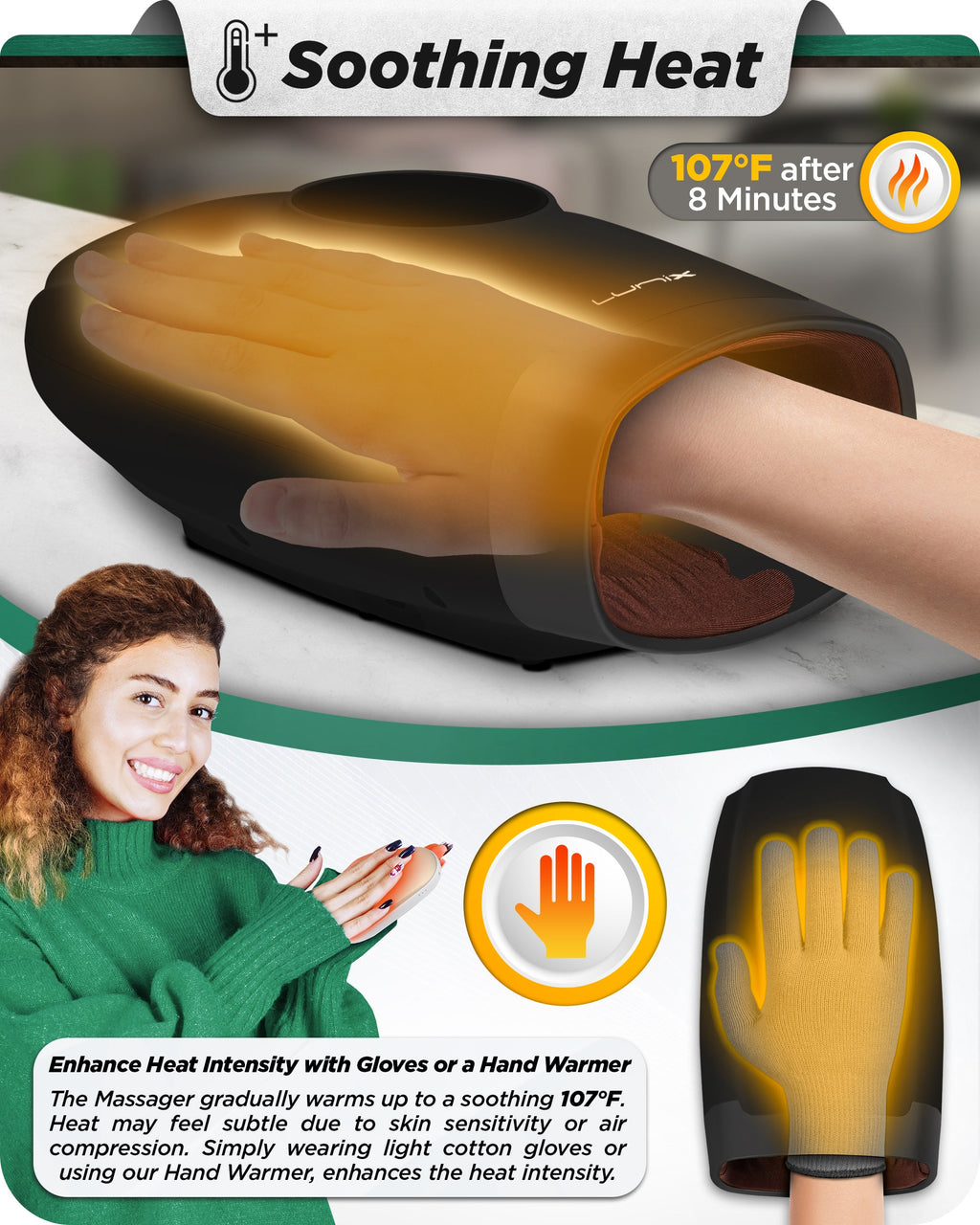 LX7 LCD Touchscreen Hand Massager, Heated Air Compression, Charcoal Black