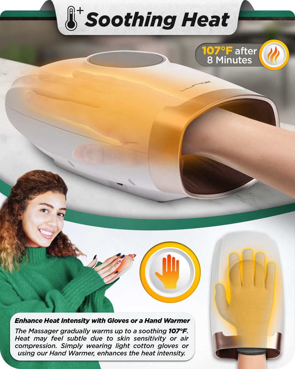 LX7 LCD Touchscreen Hand Massager, Heated Air Compression, Lunar White