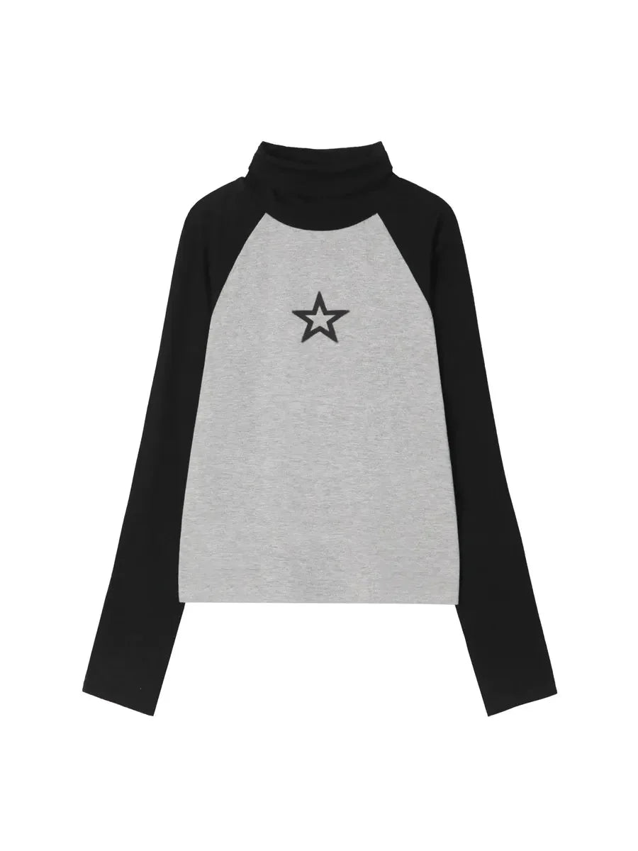 Vibes Streetstyle Star Prints Close Fitting Shirt in black with white star print Y2K top