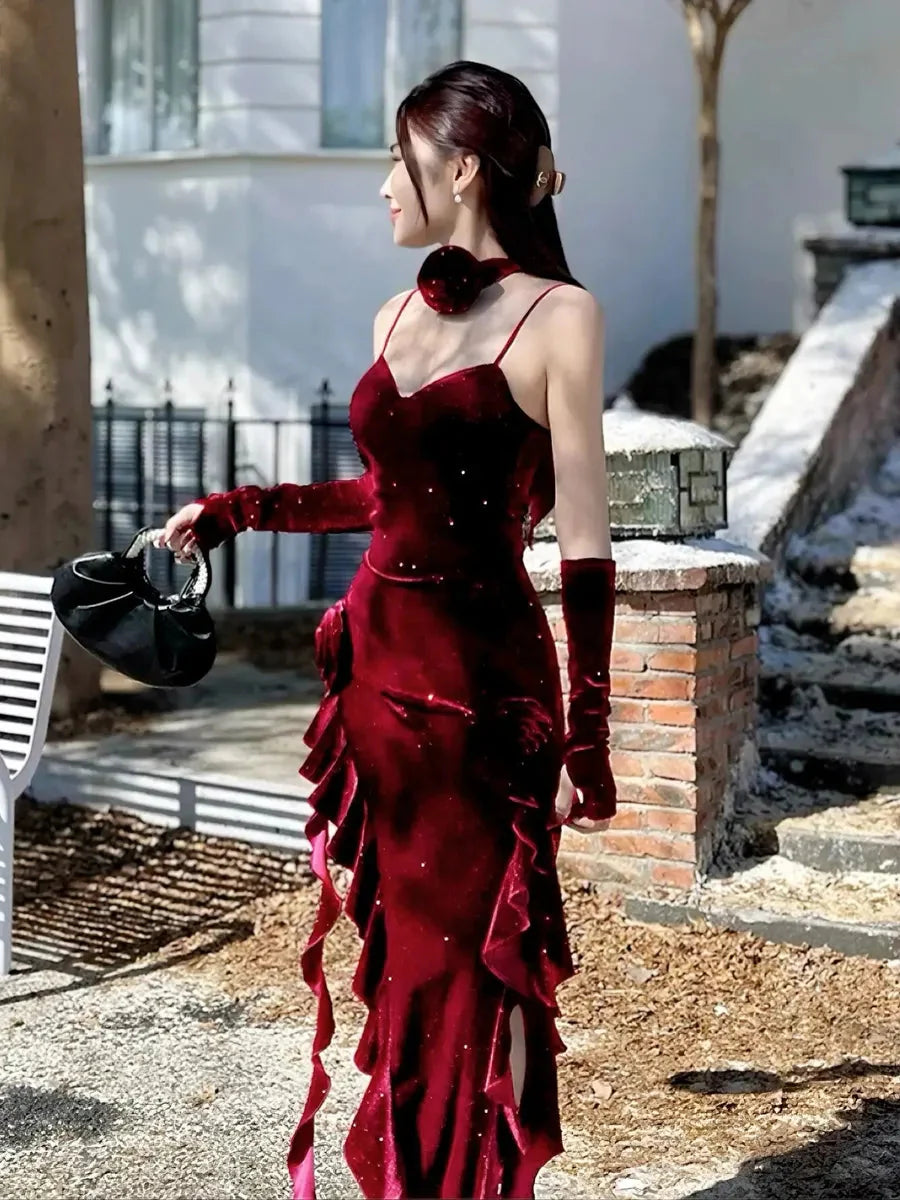 'Red Rose' Holiday Red Hollow Out Lace Velvet Dress